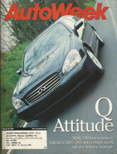 AUTOWEEK 2001 MAR 26 - INFINITI Q45, BOB WOLLEK, '54 JAGUAR XK120, HORNISH