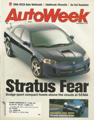 AUTOWEEK 2002 NOV 04 - CAYENNE TURBO, MIURA S, '67 SS396 EDLEBROCK CHEVELLE